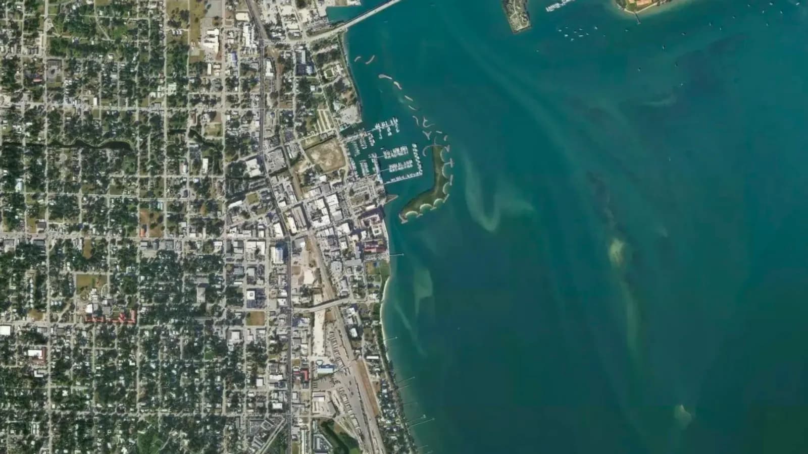 Aerial view over Fort Pierce, Florida — marina and Indian River (illustrative)