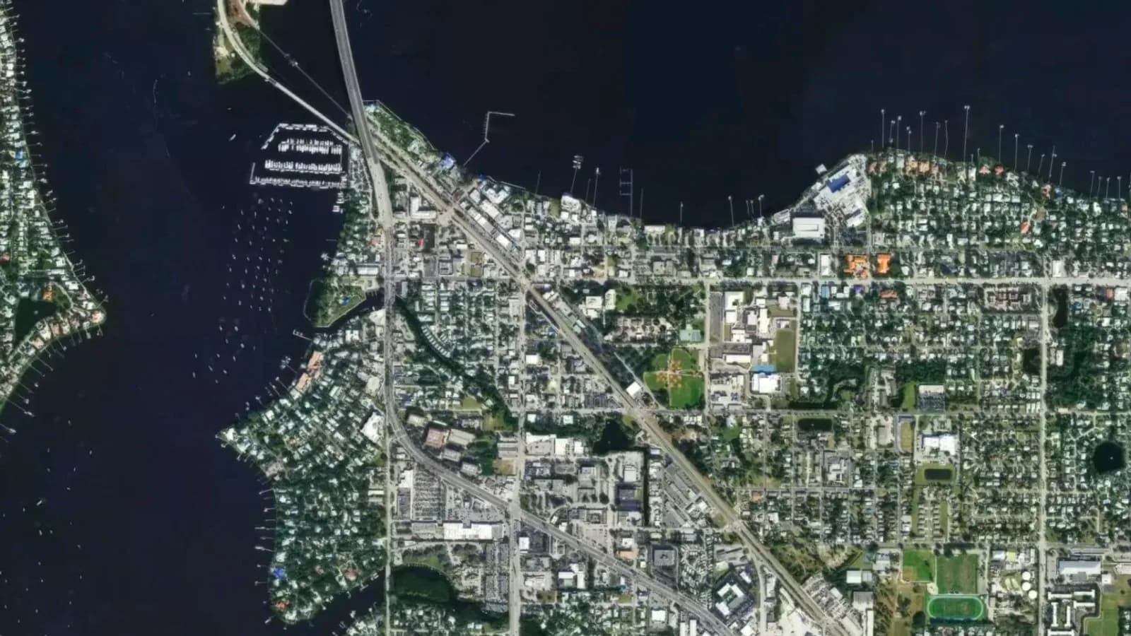 Aerial view over Stuart, Florida on the St. Lucie River (illustrative)